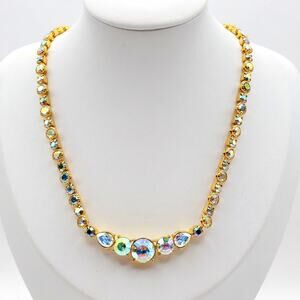 Gold Crystal Necklace Rainbow AB Rhinestone Vintage Statement Collar Iridescent